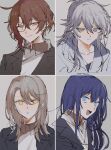  4girls :d absurdres black_jacket blazer blue_eyes blue_hair brown_hair closed_mouth collared_shirt commentary_request grey_background grey_eyes grey_hair grey_shirt hair_between_eyes highres hirako_daishougun hood hoodie jacket light_brown_hair long_hair looking_at_viewer medium_hair messy_hair multiple_girls open_mouth orange_eyes original parted_lips shirt short_hair sidelocks simple_background smile sweatdrop upper_body white_hoodie 