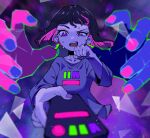  1girl absurdres black_choker blurry blurry_foreground choker clenched_hand collarbone confused controller disembodied_limb earrings floating_hair grey_shirt hand_up highres holding holding_remote_control jewelry light_particles looking_down min_ha multicolored_hair neon_palette nira-chan open_mouth pink_hair pov print_shirt purple_background purple_eyes purple_hair purple_nails remote_control shirt short_hair sweat sweatdrop teeth upper_teeth_only zutto_mayonaka_de_ii_no_ni 