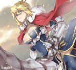  1girl armor artist_name artoria_pendragon_(fate) artoria_pendragon_(lancer)_(fate) blonde_hair blue_dress blue_sleeves blue_thighhighs braid breasts cape cleavage closed_mouth commentary covered_navel cowboy_shot crown detached_sleeves dress dun_stallion_(fate) fate/grand_order fate_(series) faulds french_braid fur-trimmed_cape fur_trim gauntlets gold_trim green_eyes hair_between_eyes holding holding_reins horse horseback_riding large_breasts looking_at_viewer looking_down medium_hair red_cape reins riding sidelocks skinnysloth solo sparks thighhighs turtleneck_dress underbust vambraces 