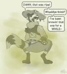 anthro clothed clothing crouching epic_games fart fart_cloud fart_fetish fortnite hat headgear headwear looking_at_viewer looking_back male mammal procyonid raccoon rufus_(fortnite) solo speech_bubble text that_jaded