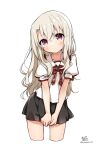  1girl anzu_ame bangs black_skirt black_thighhighs blush breasts collared_shirt fate/kaleid_liner_prisma_illya fate_(series) hair_between_eyes homurahara_academy_school_uniform illyasviel_von_einzbern long_hair looking_at_viewer neck_ribbon pleated_skirt puffy_short_sleeves puffy_sleeves red_eyes red_ribbon ribbon sailor_collar school_uniform shirt short_sleeves sidelocks skirt small_breasts solo thighhighs thighs white_hair white_sailor_collar white_shirt 