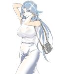  1girl alternate_costume bag blue_hair bra_visible_through_clothes breasts clorinde_(genshin_impact) closed_mouth commentary_request genshin_impact handbag hands_in_own_hair highres large_breasts light_smile long_hair long_skirt looking_at_viewer mitsugu multicolored_hair purple_eyes shirt shirt_tucked_in sketch skirt sleeveless sleeveless_shirt solo streaked_hair taut_clothes taut_shirt walking white_background white_shirt white_skirt 