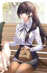  1girl absurdres bag bench bow bowtie brown_hair cat collared_shirt commission food grey_eyes highres office_lady original paper_bag pencil_skirt pixiv_commission ponytail shirt sino42 sitting skirt smile upper_body white_shirt 