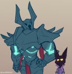  ambiguous_gender anthro armor black_body black_fur blue_eyes cataxdrk2020 clothed clothing duo fur glowing glowing_eyes half-closed_eyes hand_on_hip humanoid league_of_legends living_armor looking_at_another male male/male mordekaiser_(lol) narrowed_eyes pauldron riot_games simple_background size_difference veigar watermark wizard_robes yellow_eyes yordle 