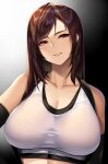  1girl bare_shoulders black_gloves breasts brown_eyes brown_hair cleavage collarbone crop_top elbow_gloves final_fantasy final_fantasy_vii final_fantasy_vii_remake gloves highres large_breasts long_hair looking_at_viewer smile solo suspenders swept_bangs takanashi-a tank_top tifa_lockhart white_tank_top 