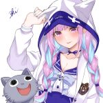  1girl 3ki9709 :p animal_ears animal_hood blue_choker blue_hair blue_nails blue_sailor_collar blush braid breasts cat_hood choker cleavage commentary fake_animal_ears film_grain frilled_sailor_collar frills hololive hood hood_up hooded_jacket jacket light_blush long_hair long_sleeves low_twin_braids low_twintails minato_aqua multicolored_hair nail_polish neko_(minato_aqua) official_alternate_costume official_alternate_hairstyle open_clothes open_jacket purple_eyes purple_hair ribbon_choker sailor_collar sailor_shirt school_uniform serafuku shirt sidelocks solo_focus tongue tongue_out twin_braids twintails two-tone_hair underbust virtual_youtuber white_jacket white_shirt 