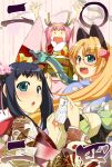  2024 animal_ears atelier-moo black_hair blonde_hair blue_kimono cat_ears chinese_zodiac curtained_hair dragon dragon_horns floral_print floral_print_kimono furisode glasses green_eyes hair_ornament hairband happy_new_year highres horns japanese_clothes kimono long_hair long_sleeves machida_madoka machida_nodoka machida_tomoka machidake multiple_girls new_year obi omikuji open_mouth pink_hair pink_kimono red-framed_eyewear red_kimono sash short_hair smile standing twintails year_of_the_dragon 
