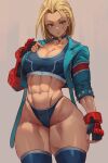  1girl abs absurdres alterlesott arm_at_side black_gloves blonde_hair blue_choker blue_eyes blue_jacket blue_panties blue_thighhighs breasts cammy_white choker cleavage covered_nipples cowboy_shot crop_top cropped_jacket expressionless fingerless_gloves gloves hand_up highres jacket large_breasts long_sleeves looking_at_viewer muscular muscular_female navel open_clothes open_jacket panties parted_lips scar scar_on_cheek scar_on_face short_hair solo standing street_fighter street_fighter_6 teeth thick_thighs thighhighs thighs underwear zipper 