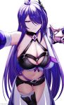  1girl acheron_(honkai:_star_rail) ahoge bandaged_leg bandages bare_shoulders black_shorts breasts cleavage commentary grin halterneck highres honkai:_star_rail honkai_(series) large_breasts long_hair looking_at_viewer midriff navel parted_lips purple_eyes purple_hair ritou08 short_shorts shorts simple_background smile solo standing stomach thighs very_long_hair white_background 