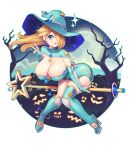  1girl 2023 ass blonde_hair blue_eyes boots breasts cleavage cleavage_cutout clothing_cutout elbow_gloves fingerless_gloves gloves hair_over_one_eye halloween halloween_costume hat high_heel_boots high_heels highres huge_breasts jack-o&#039;-lantern large_breasts lips long_hair mario_(series) moon night night_sky rosalina shrug_(clothing) sky solo staff star_(symbol) super_mario_galaxy supersatanson thigh_boots thighhighs v witch witch_hat 