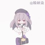  1girl animated animated_gif beret black_coat black_headwear blush brown_hair chibi coat dress flower full_body hammer hat hat_flower herta_(honkai:_star_rail) holding holding_hammer honkai:_star_rail honkai_(series) jitome long_hair lowres purple_eyes purple_flower sidelocks solo spinning very_long_hair white_dress yin_qiuran 