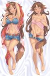  1girl absurdres arada_(corsair_zero) armpits bed_sheet belt bikini blue_bikini brown_eyes brown_hair closed_eyes dakimakura_(medium) dark-skinned_female dark_skin dog_girl dog_tail flower full_body hair_flower hair_ornament highres kaori_(princess_connect!) kaori_(summer)_(princess_connect!) navel open_mouth partially_undressed princess_connect! red_belt red_flower see-through shorts side-tie_bikini_bottom swimsuit tail tail_around_own_leg thighlet towel 