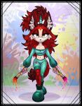 anthro big_ears boots brush canid canine canis clothed clothing eyelashes eyeshadow fan_character female footwear fur hair inner_ear_fluff jackal leggings legwear long_hair makeup mammal paintbrush paints ponytail red_body red_fur red_hair sega simple_background skeletalheart solo sonic_the_hedgehog_(series) sweater topwear tuft yellow_eyes