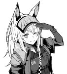  1girl animal_ears arknights arm_at_side assault_visor blush closed_mouth collared_shirt elbow_gloves gloves grani_(arknights) greyscale hair_between_eyes halftone hand_on_own_head highres horse_ears horse_girl jacket long_hair long_sleeves looking_at_viewer monochrome one_eye_closed open_clothes open_jacket ponytail shirt sidelocks smile solo tubuan_(tubuan03) upper_body vest 