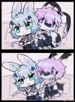 anthro blue_ears blue_hair chibi comic duo feathers female hair hi_res kemono lagomorph leporid mammal pink_hair purple_eyes rabbit reptile scales scalie shocked snake tail tail_grab tail_squeeze teal_eyes zhang_gun