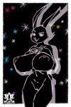  2:3 anthro big_breasts black_background black_body black_skin breasts butt cotton_tail ears_up female genitals hand_on_breast hi_res huge_breasts lagomorph leporid looking_at_viewer mammal narrowed_eyes navel nipples nude nxlotus pink_nipples pink_nose pink_pussy pinup pose pussy rabbit shaded shadow simple_background slim small_waist smile smiling_at_viewer solo thick_thighs vib-ribbon vibri wide_hips 