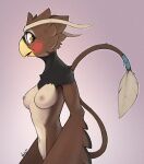 anthro avian beak bird breasts brown_body brown_feathers feathered_wings feathers female hi_res narley nipples non-mammal_breasts non-mammal_nipples phoebe_(narley) red_cheeks simple_background solo tail tail_tuft tuft winged_arms wings