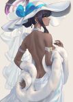  1girl absurdres b-pang back bare_shoulders black_hair blue_archive blush breasts dark-skinned_female dark_skin dress earrings halo hat highres jewelry karin_(blue_archive) large_breasts long_hair looking_at_viewer looking_back solo sun_hat white_dress white_headwear yellow_eyes 