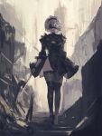  1girl 2b_(nier:automata) absurdres black_blindfold black_dress black_hairband blindfold boots clothing_cutout covered_eyes dress feather-trimmed_sleeves feather_trim hairband highres holding holding_sword holding_weapon juliet_sleeves long_sleeves nier:automata nier_(series) puffy_sleeves ruins shiej007 short_hair solo standing sword thighhighs thighhighs_under_boots weapon white_hair 
