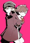  1boy 1girl agata120 aragaki_shinjirou beanie black_headwear black_jacket black_skirt bow bowtie breasts brown_eyes brown_hair closed_mouth coat gekkoukan_high_school_uniform hands_in_pockets hat jacket persona persona_3 persona_3_portable pink_background ponytail red_bow red_bowtie school_uniform shiomi_kotone simple_background skirt 