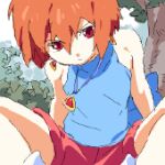  back_bow bad_source blue_bow bow brown_hair crystania drop_earrings earrings jewelry lowres matsuo_yuusuke necklace raifan_(crystania) red_eyes red_shorts short_hair shorts sitting sky solo tree 