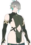  1boy alhaitham_(genshin_impact) aqua_hair bangs black_gloves black_thighhighs blush bulge chest_jewel closed_mouth clothing_cutout detached_sleeves genshin_impact gloves grey_hair hair_over_one_eye male_focus meiji_(meiji770) multicolored_hair navel_cutout nipples partially_fingerless_gloves pectorals pelvic_curtain see-through simple_background solo thighhighs twitter_username white_background 