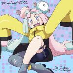  1girl 2022 blue_hair character_hair_ornament diegoandsmtz grey_footwear hair_ornament highres iono_(pokemon) jacket long_hair looking_at_viewer multicolored_hair open_mouth oversized_clothes pink_eyes pink_hair pokemon pokemon_sv sharp_teeth signature sitting sleeves_past_fingers sleeves_past_wrists solo teeth two-tone_hair very_long_hair yellow_jacket 