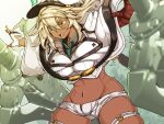  1girl bandaged_arm bandages blonde_hair clover dark-skinned_female dark_skin floating floating_object floating_sword floating_weapon four-leaf_clover guilty_gear guilty_gear_strive hair_between_eyes highres long_hair looking_at_viewer navel orange_eyes posty_postino ramlethal_valentine red_bandage short_shorts shorts sword thigh_strap weapon white_headwear white_shorts 