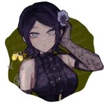  1girl black_hair breasts danganronpa:_trigger_happy_havoc danganronpa_(series) dress_shirt elbow_gloves flower freckles glass gloves green_background grey_eyes hair_flower hair_ornament ikusaba_mukuro looking_at_viewer medium_breasts parted_bangs pink_flower sai_(genko_yare) shirt short_hair solo upper_body white_background 