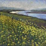  bare_tree blue_sky cloud cloudy_sky day field flower flower_field flower_focus grass highres hill nature no_humans norako_pastel original painting_(medium) plant river riverbank sky traditional_media tree water weeds yellow_flower 