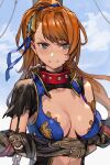  1girl arms_behind_back beatrix_(granblue_fantasy) belt blue_sky blush breasts brown_hair chain cleavage collar granblue_fantasy green_eyes hair_ornament hair_ribbon hungry_clicker large_breasts long_hair looking_at_viewer ponytail restrained ribbon sky solo swept_bangs tearing_up torn_clothes 