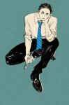  1boy akaashi_keiji black_hair blue_background blue_necktie chengongzi123 collared_shirt english_commentary full_body haikyuu!! hand_on_own_cheek hand_on_own_face highres holding limited_palette looking_at_viewer male_focus necktie pants shirt shoes short_hair short_sleeves simple_background sitting striped_necktie very_short_hair 