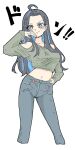  1girl ahoge black_hair blue_eyes blue_hair blue_pants blush breasts colored_inner_hair denim green_shirt hand_on_own_hip heart heart_necklace highres jeans jewelry kson large_breasts long_hair multicolored_hair navel necklace onihime_takun pants shirt smile solo virtual_youtuber vshojo white_background 