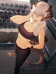  1girl absurdres arknights bare_arms bare_shoulders black_pants commentary crop_top distr dumbbell highres horns leggings midriff navel pants saria_(arknights) short_hair solo sports_bra standing stomach tail towel towel_around_neck white_hair 