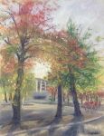  building dappled_sunlight day highres no_humans norako_pastel original painting_(medium) pastel_(medium) road sapling shadow sunlight traditional_media tree tree_shade 