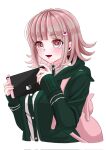  1girl :d animal_bag backpack bag blunt_bangs blush brown_hair cat_bag cropped_torso danganronpa_(series) danganronpa_2:_goodbye_despair green_jacket handheld_game_console highres holding holding_handheld_game_console jacket looking_at_viewer medium_hair nanami_chiaki open_clothes open_jacket pink_bag pink_eyes smile solo tumiko two-tone_shirt 