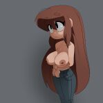  1girl :/ absurdres bare_shoulders black_eyes blue_pants breasts brown_hair closed_mouth collarbone denim feet_out_of_frame grey_background hair_between_eyes highres inker_comics jeans large_breasts long_hair looking_ahead mona_(inker_comics) nipples original own_hands_together pants sidelocks simple_background solo standing straight_hair thick_eyebrows very_long_hair 