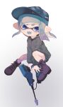  1girl absurdres aqua_eyes aqua_hair bangs black_footwear black_shorts blue_headwear boots dual_squelcher_(splatoon) fang grey_jacket gun hat head_tilt highres holding holding_gun holding_weapon inkling inkling_girl jacket jumping long_sleeves looking_at_viewer mikoshiba_m open_mouth pointy_ears short_hair short_shorts shorts simple_background smile splatoon_(series) tentacle_hair v-shaped_eyebrows weapon white_background zipper 