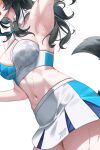  1girl absurdres armpits black_hair blue_archive blush breasts commentary_request cowboy_shot detached_collar dog_tail facial_mark halterneck hibiki_(blue_archive) hibiki_(cheer_squad)_(blue_archive) highres korean_commentary large_breasts long_hair millennium_cheerleader_outfit_(blue_archive) navel official_alternate_costume open_mouth pleated_skirt revision samgong simple_background skirt solo star_(symbol) sweat tail white_background white_skirt 