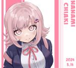  black_jacket breasts character_name danganronpa_(series) danganronpa_2:_goodbye_despair dated hair_ornament highres hood hooded_jacket hy_(fjvlg) jacket large_breasts looking_at_viewer looking_up medium_breasts nanami_chiaki pink_background pink_eyes pink_hair pink_ribbon ribbon shirt upper_body white_background white_shirt 