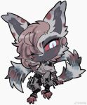 ambiguous_gender anthro brown_hair canid canine chibi clothed clothing fur grey_body grey_fur hair hi_res kemono looking_at_viewer mammal one_eye_closed red_sclera solo white_eyes zhang_gun