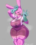  anthro big_breasts bodily_fluids breasts female grey_background hi_res kappa_spark lagomorph leporid mammal pink_body rabbit simple_background solo sweat thick_thighs 