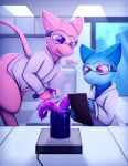  2023 absurd_res clothing coat dialogue duo eyewear female feral generation_1_pokemon goggles hi_res lab_coat laboratory legendary_pokemon mammal mew_(pokemon) nintendo pokemon pokemon_(species) science scientific_experiment tentacles text tongue tongue_out topwear visionaryserpent 