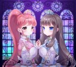  2girls absurdres aki_(akinyaaaaa) blue_dress blue_eyes blurry blurry_background brown_hair character_name closed_mouth commentary dress hand_up highres holding_hands kurosu_aroma long_hair long_sleeves looking_at_viewer multiple_girls pink_dress ponytail pretty_series pripara puffy_long_sleeves puffy_sleeves red_hair shiratama_mikan sidelocks smile stained_glass symbol-only_commentary very_long_hair window yellow_eyes 
