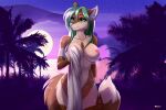  2020 3:2 anthro areola artist_name biped breasts brown_body brown_fur canid canine chest_tuft convenient_censorship countershade_face countershade_fur countershade_torso countershading digital_media_(artwork) eyelashes female fur green_eyes green_hair hair hi_res holding_object holding_towel long_hair mammal millkydad moon nipples nude outside palm_tree pink_areola pink_nipples plant portrait shaded sky solo standing star starry_sky tail tan_body tan_fur tan_tail_tip three-quarter_portrait towel tree tuft wet wet_body wet_fur 