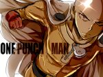  1boy bald belt bodysuit cape clenched_hand closed_mouth commentary_request english_text gloves male_focus matryoshka_(borscht) one-punch_man red_gloves saitama_(one-punch_man) solo white_cape yellow_bodysuit 