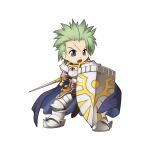  1boy armor armored_boots belt black_belt blue_cape boots breastplate cape chibi cross fighting_stance full_body gauntlets green_eyes green_hair holding holding_shield holding_sword holding_weapon leg_armor looking_afar male_focus official_art open_mouth paladin_(ragnarok_online) pauldrons ragnarok_online scabbard scar scar_on_face sheath shield shoulder_armor simple_background solo spiked_hair standing sword tachi-e transparent_background v weapon yuichirou 