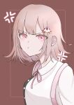  1girl backpack bag black_shirt brown_background closed_mouth collared_shirt danganronpa_(series) danganronpa_2:_goodbye_despair dress_shirt flipped_hair galaga hair_ornament highres looking_at_viewer mame_taro medium_hair nanami_chiaki neck_ribbon no_jacket pink_bag pink_eyes pink_ribbon pout ribbon shirt solo upper_body white_shirt 