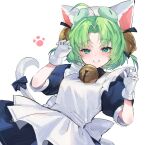  1girl animal_ears apron bell black_dress blush cat_ears cat_girl cat_tail dejiko di_gi_charat dress forehead gloves green_eyes green_hair hair_intakes highres jingle_bell looking_at_viewer maid_apron mendou_kusai paw_pose short_sleeves simple_background smile solo tail teeth white_background white_gloves 
