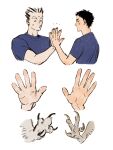  2boys akaashi_keiji black_hair blue_shirt bokuto_koutarou chengongzi123 closed_mouth disembodied_limb grey_hair haikyuu!! hand_up highres holding_hands male_focus multiple_boys o_o puckered_lips shirt short_hair short_sleeves simple_background spread_fingers t-shirt talons thick_eyebrows upper_body very_short_hair white_background 